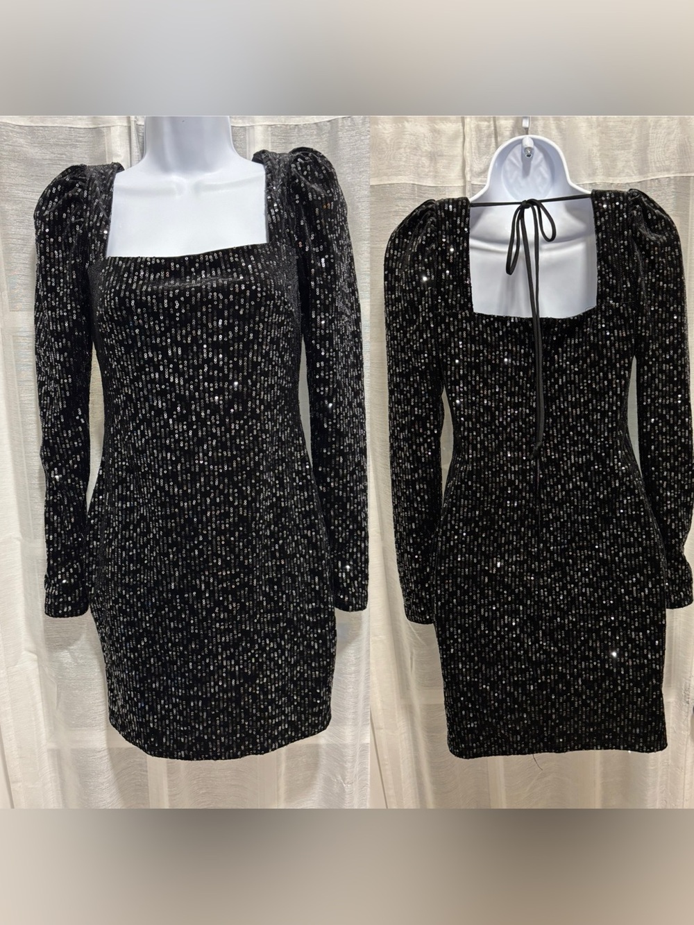 Trixxi Black Sequin Mini Dress Puff Sleeve Open Back Party Cocktail Small NYE